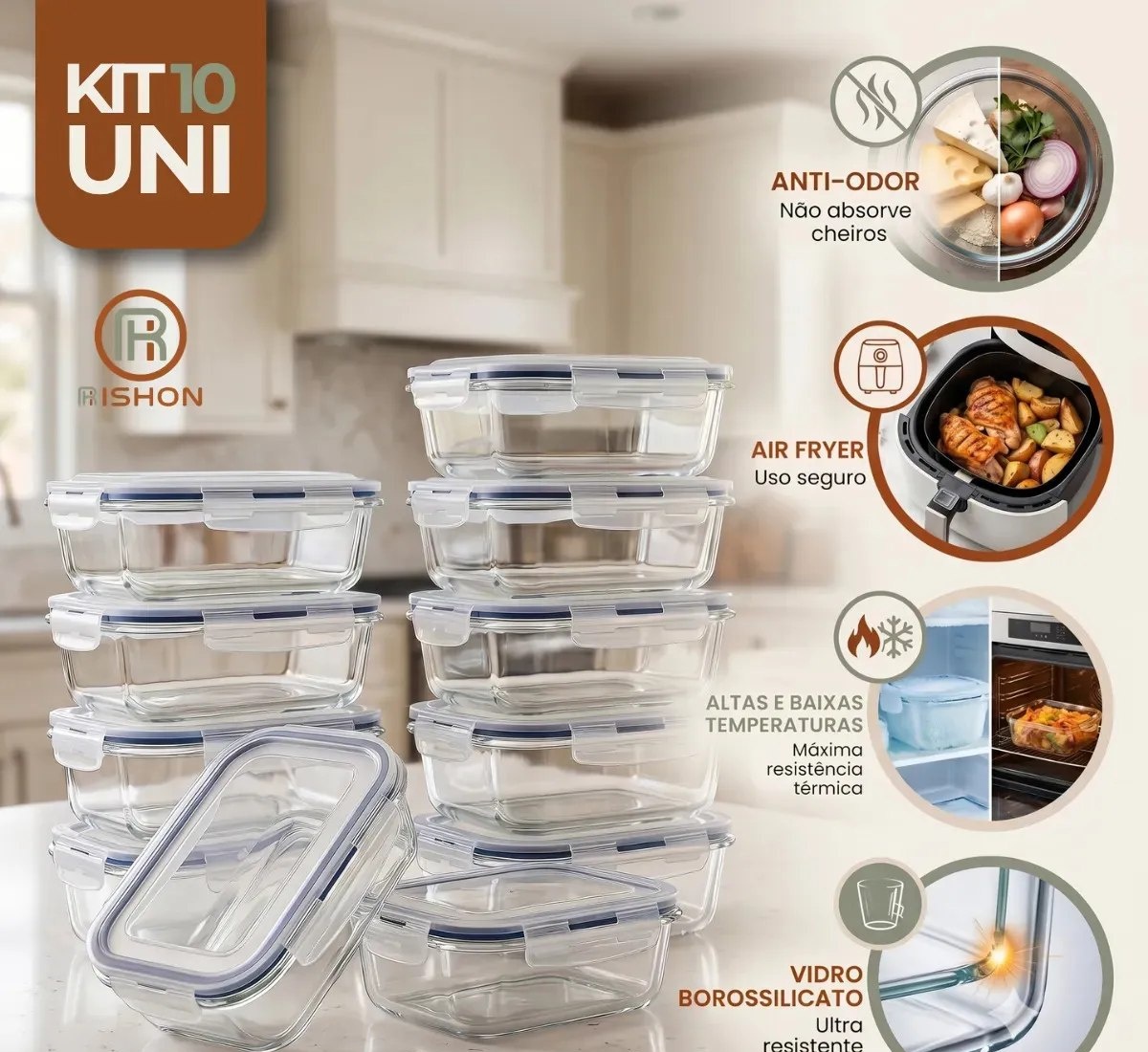 Kit 10 Pote De Vidro Marmita Hermético 370ml Freezer Fitness Rishon