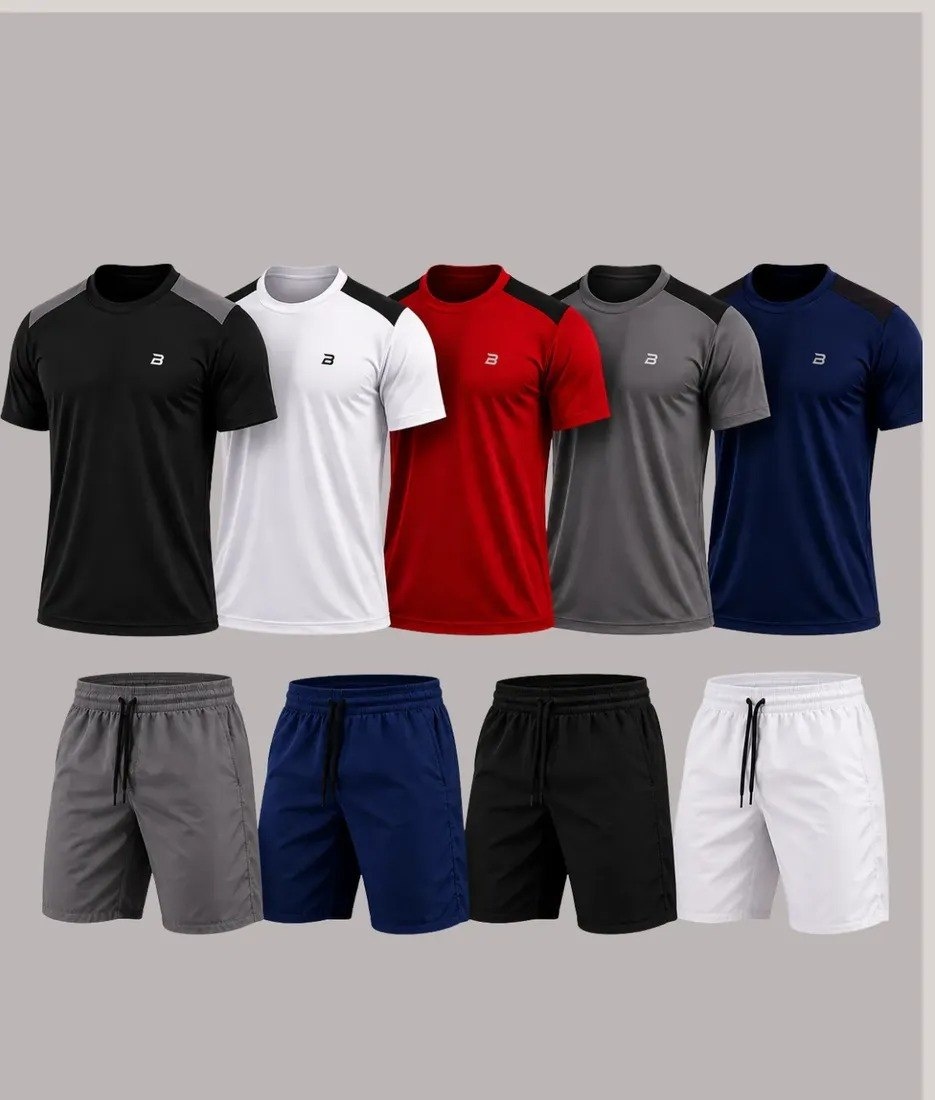 Kit 9 Peças Dry Fit Masculino 5 Camisas 4 Bermudas Premium