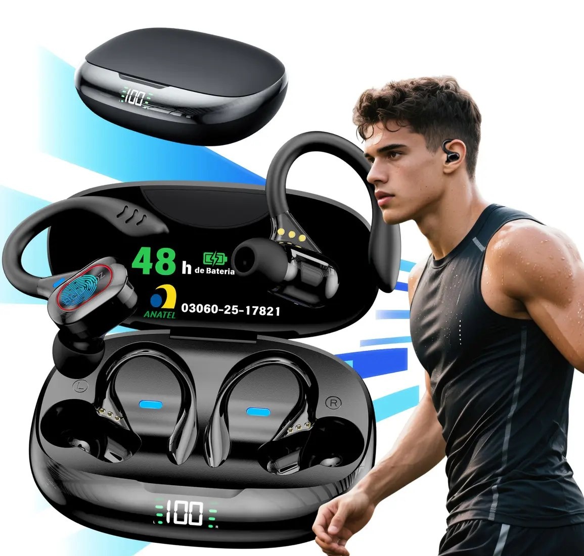 Fone de Ouvido JSKJ TWS S730 Bluetooth Esportivo Preto para Academia e Corrida