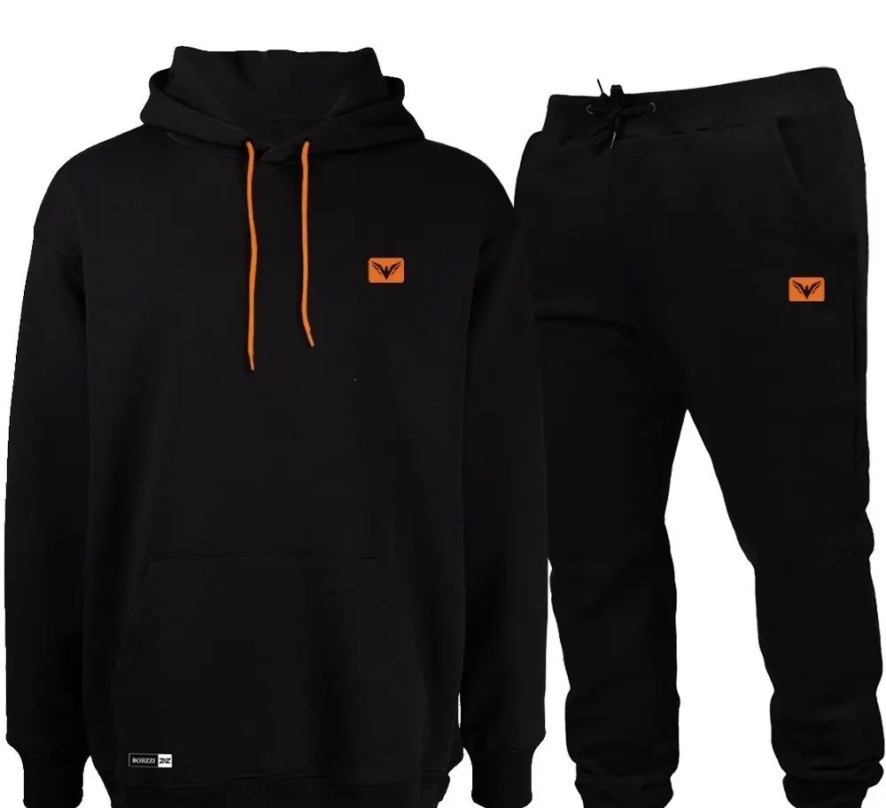 Conjunto De Frio Moletom Com Capuz Canguru Flanelado Preto