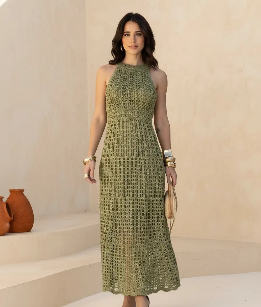 Vestido Lt Tricot Midi Feminino Sem Manga Elegante Moda