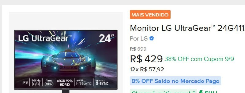 Monitor LG UltraGear 24G411A-B 24, FHD, 144Hz, 1ms