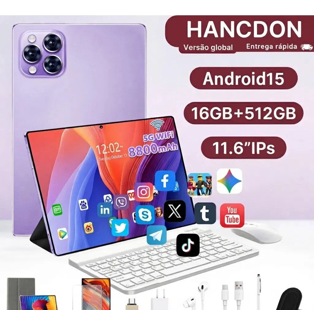 Tablet Hancdon Tab Android 15 Kit Completo com Caneta e Teclado 11.6 HD 16GB RAM e 512GB