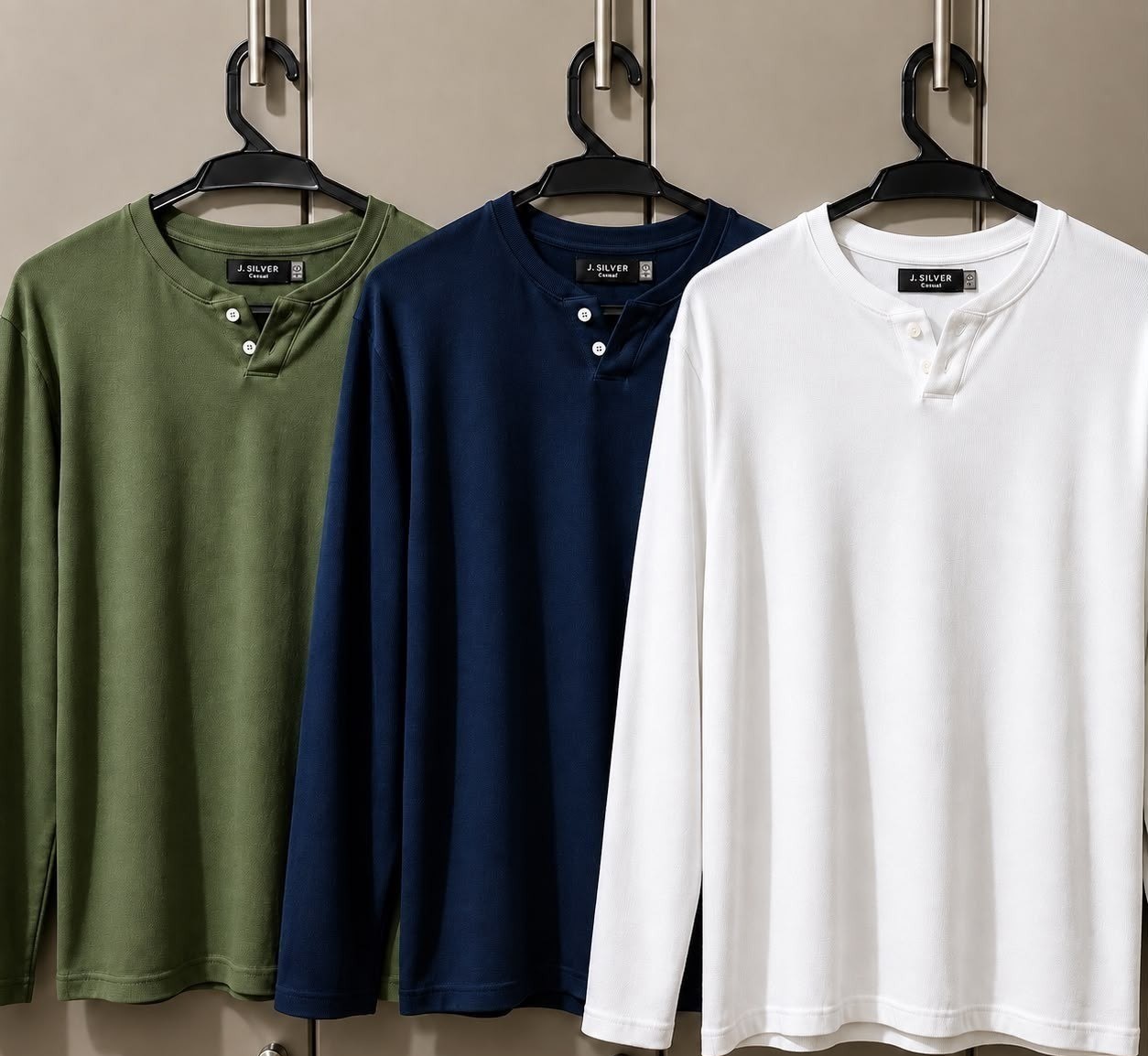 Kit com 3 Camiseta Henley Slim 2 Botões Manga Longa