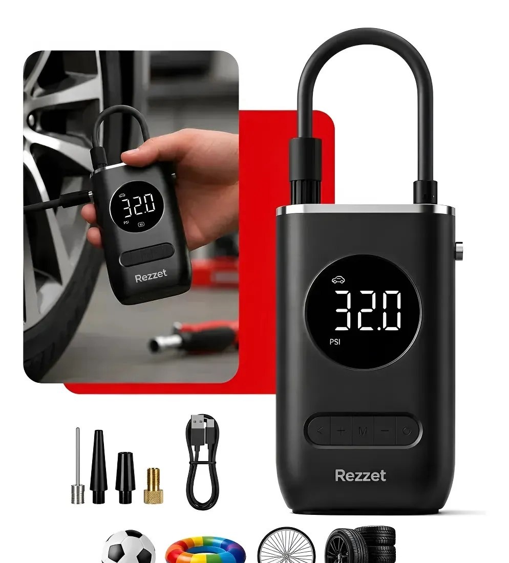 Mini Compressor Digital Portátil Rezzet com Calibrador Digital, Inflador Elétrico de Pneus, LCD, Lanterna LED, Compacto e Recarregável