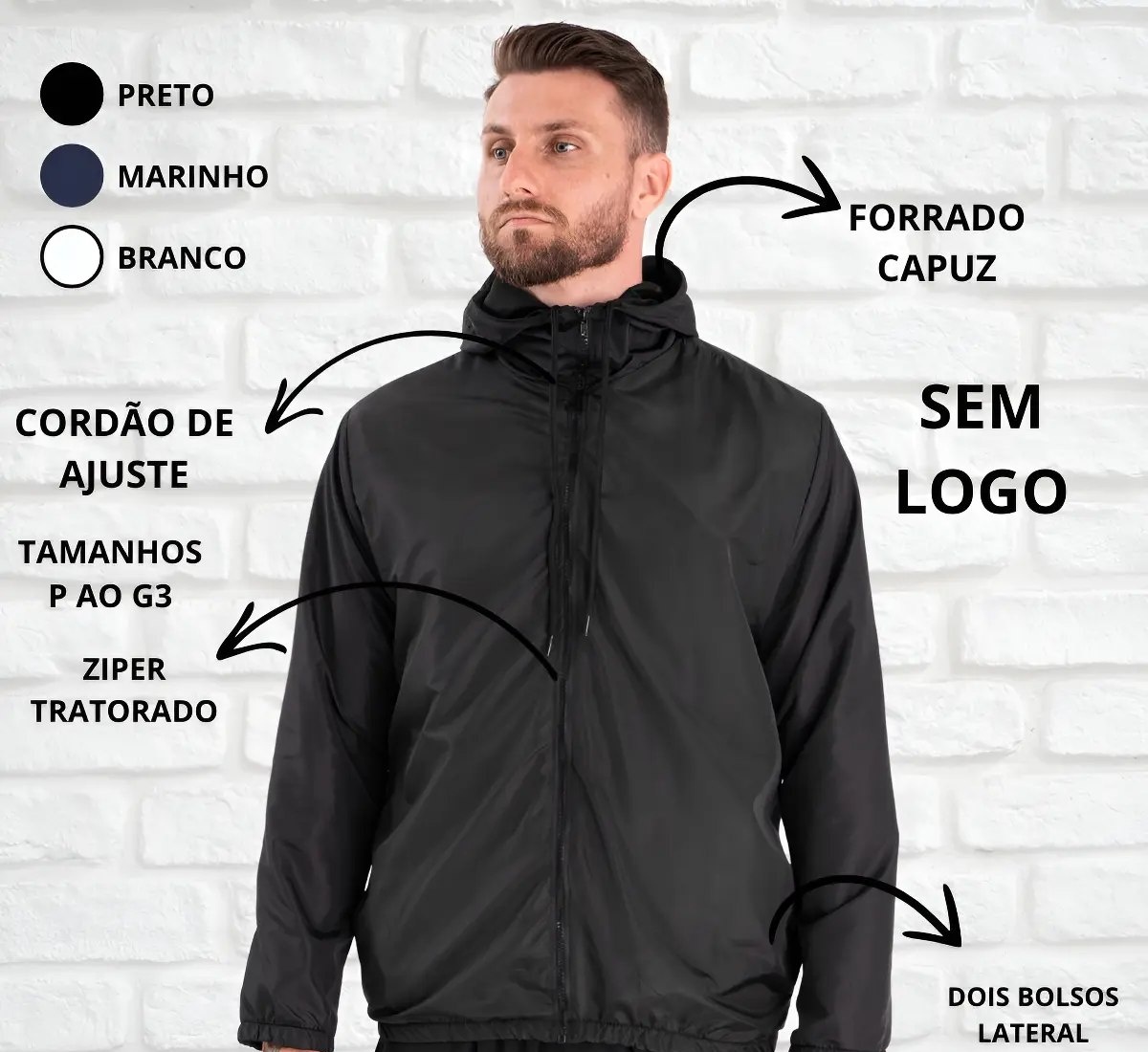Jaqueta Corta Vento Liso Unissex Esportivo com Capuz e Bolsos
