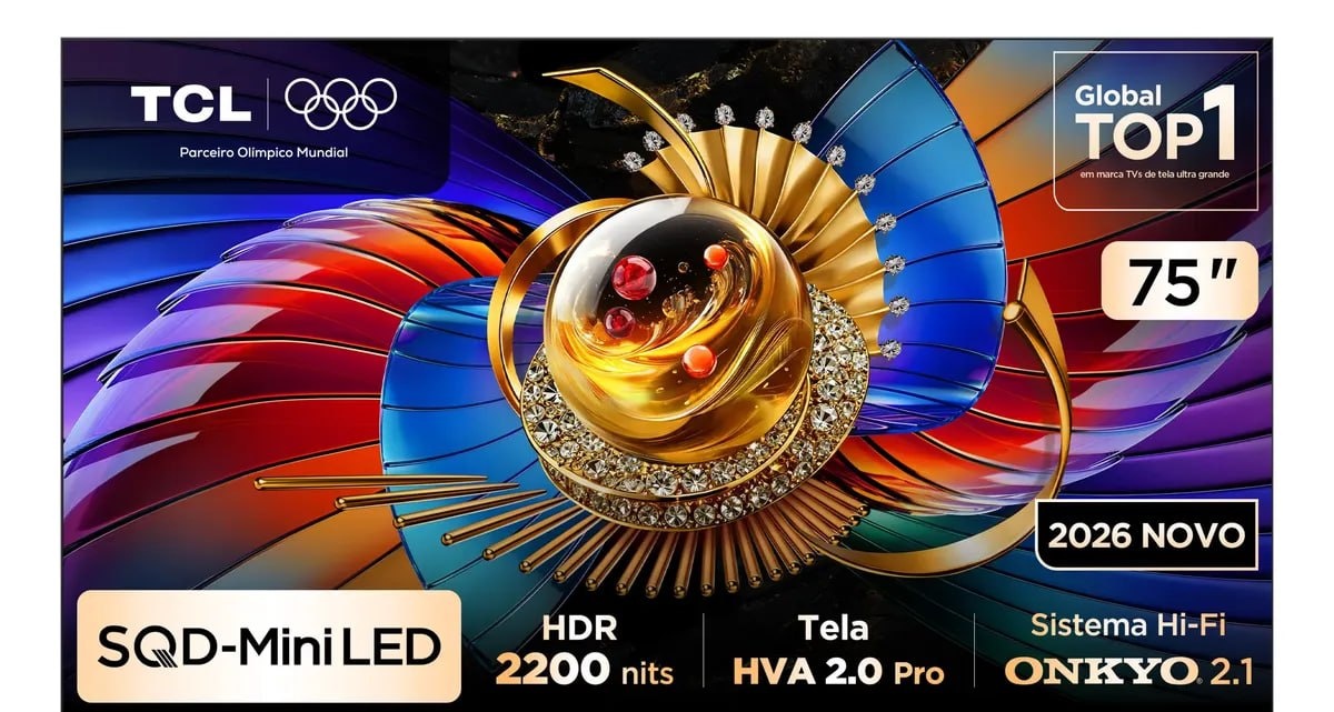TCL Top Premium 75, 4K Sqd-mini Led, Q7d Pro Google TV, Até 100 Bt.2020, 144 Hz, E 2.000 Nits