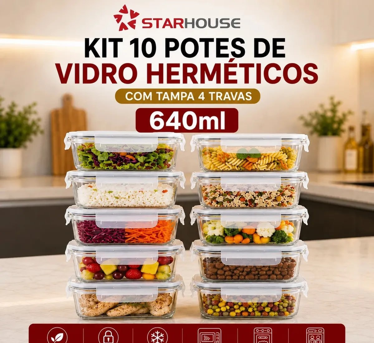 Kit 10 Potes Herméticos Vidro 640ml Starhouse Marmita