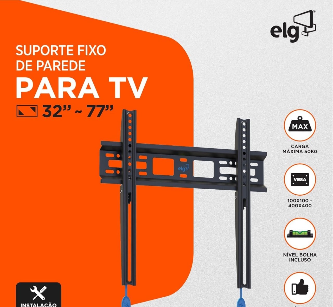 ELG, N01V4, Suporte Fixo de Parede para TVs de 32 a 77, Compatível com TVs Curvas e Planas, Feito em Aço Carbono, Suporta Até 50kg