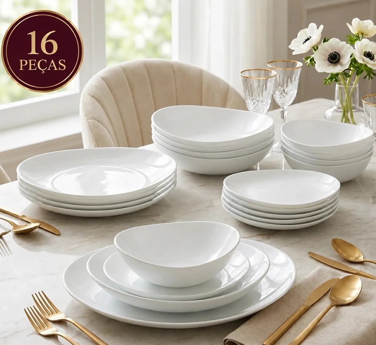 Aparelho de Jantar 16 Peças Opalino Pratos e Bowl Resistente Sólar