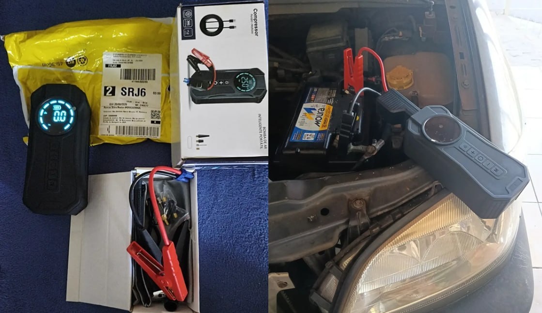 Kit Compressor de Ar Compacto 150 Psi  Auxiliar de Partida  Powerbank