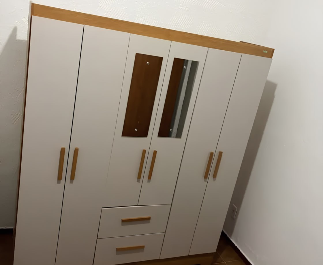 Guarda-roupa Casal com Espelho 6 Portas 2 Gavetas Sallêto CinamomoOff White