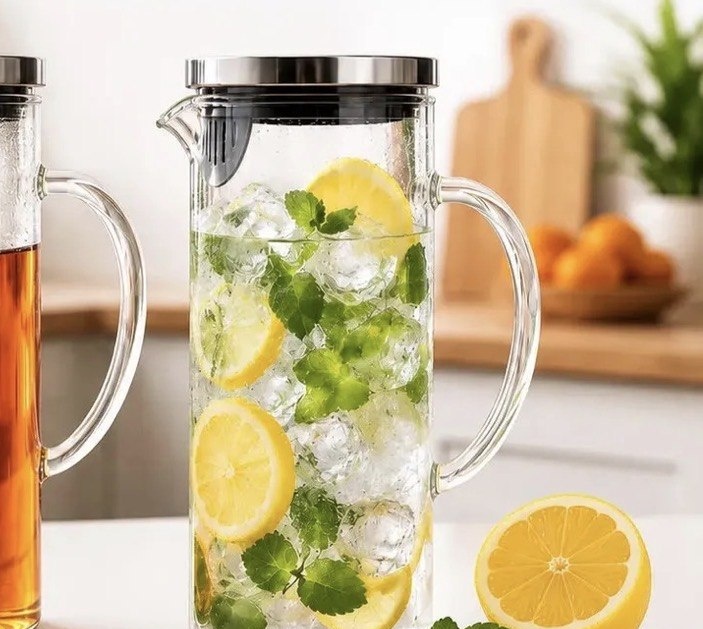 Jarra de Vidro Borossilicato 1,5 Litros Tampa Inox Hermética Transparente para Água, Suco, Chá e Bebidas Quentes e Geladas