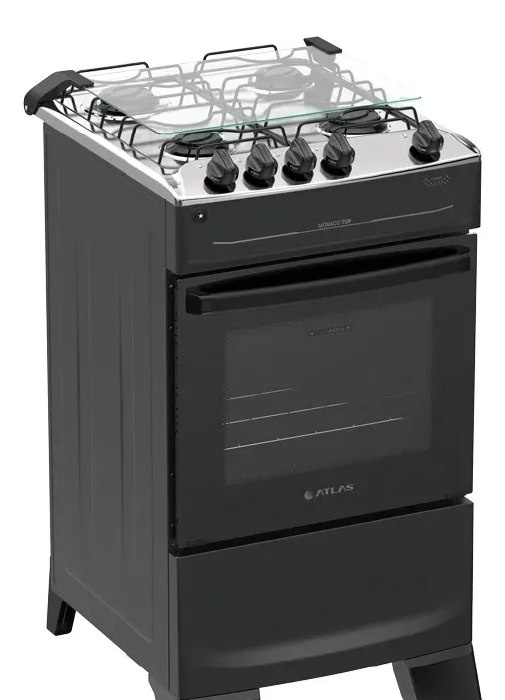 Fogão 4 Bocas Atlas Mônaco Top com Mesa de Inox Preto