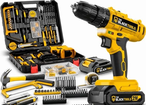 Parafusadeira Furadeira De Impacto The Black Tools Profissional Bateria 21V C Maleta  Kit Acessórios 145 Peças TBKIT23