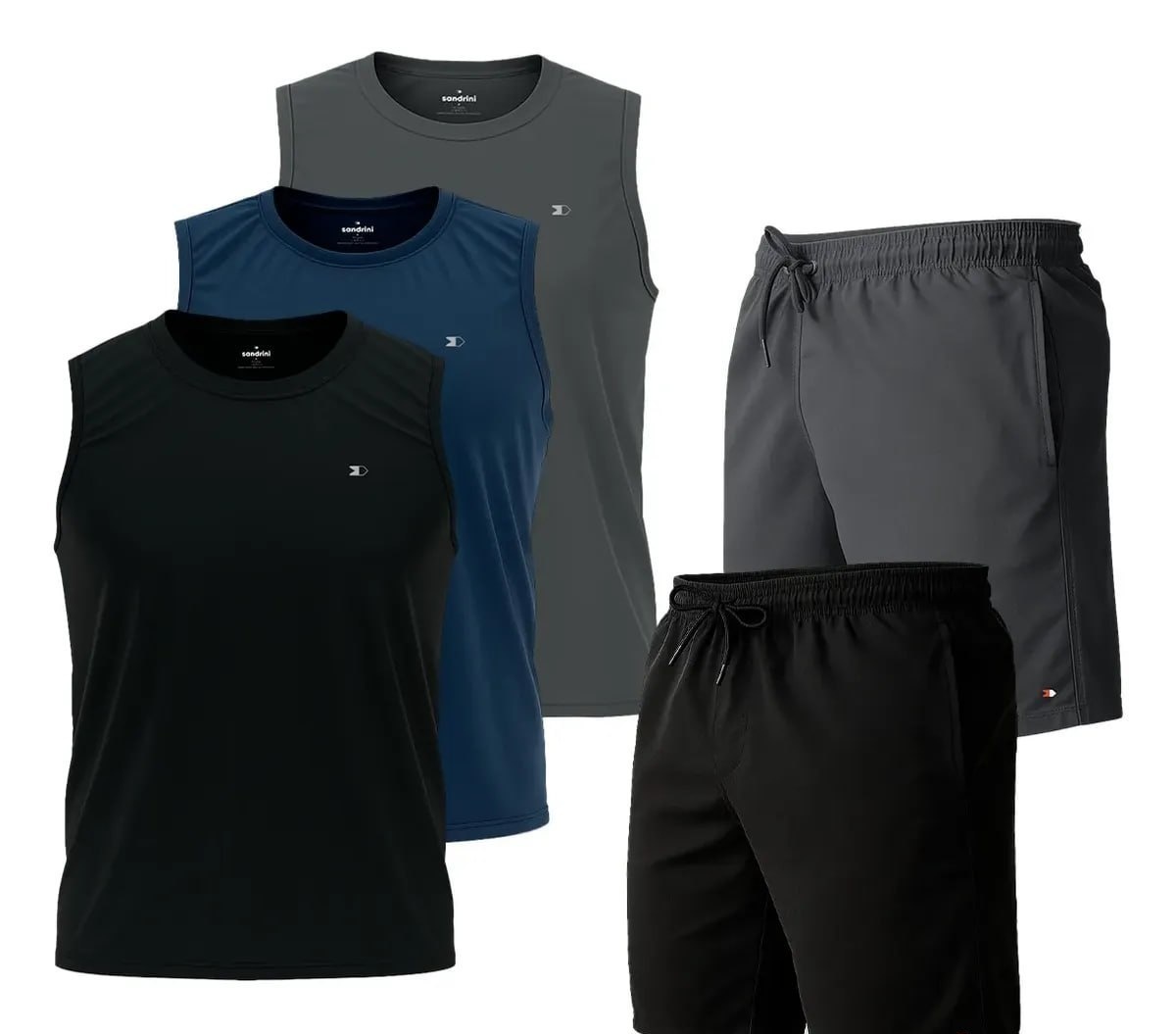 Kit 5 Peças 3 Camisas Regata Dry-Fit  2 Shorts Tactel