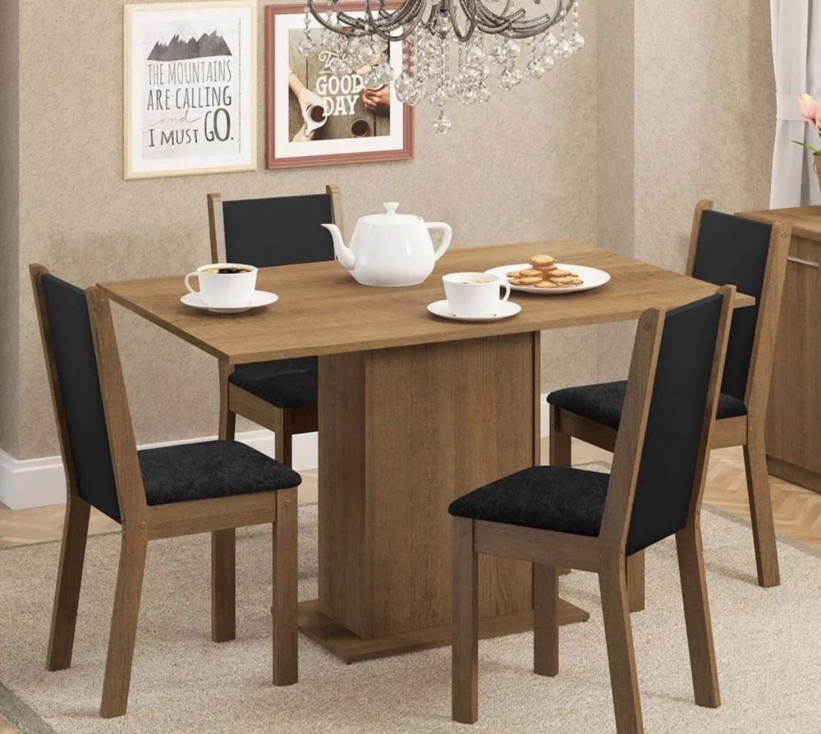 Sala De Jantar Madesa Talita Mesa Tampo Madeira 4 Cadeiras Cor RusticPretoOxford Desenho do tecido das cadeiras Liso