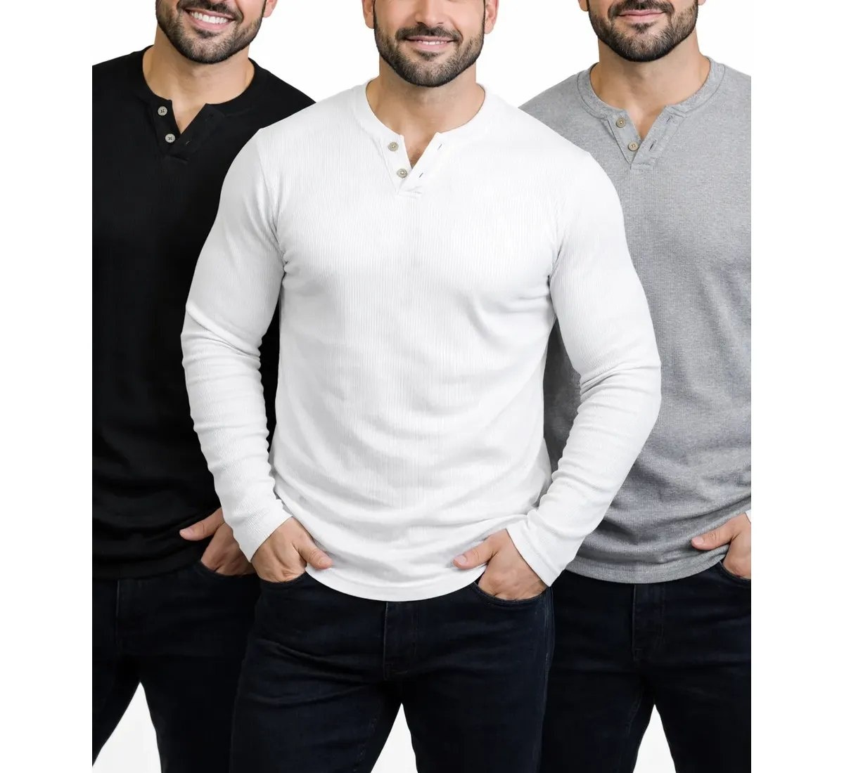 Kit 3 Camisetas Henley Masculina Slim 2 Botões Manga Longa