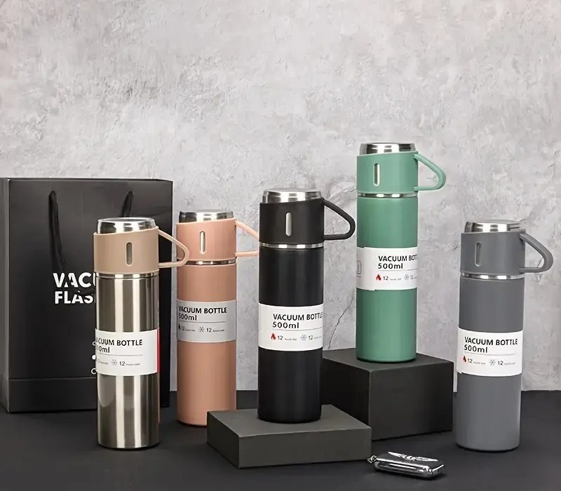 Kit Garrafa Térmica Com 3 Xíca Inox Elegante 500ml