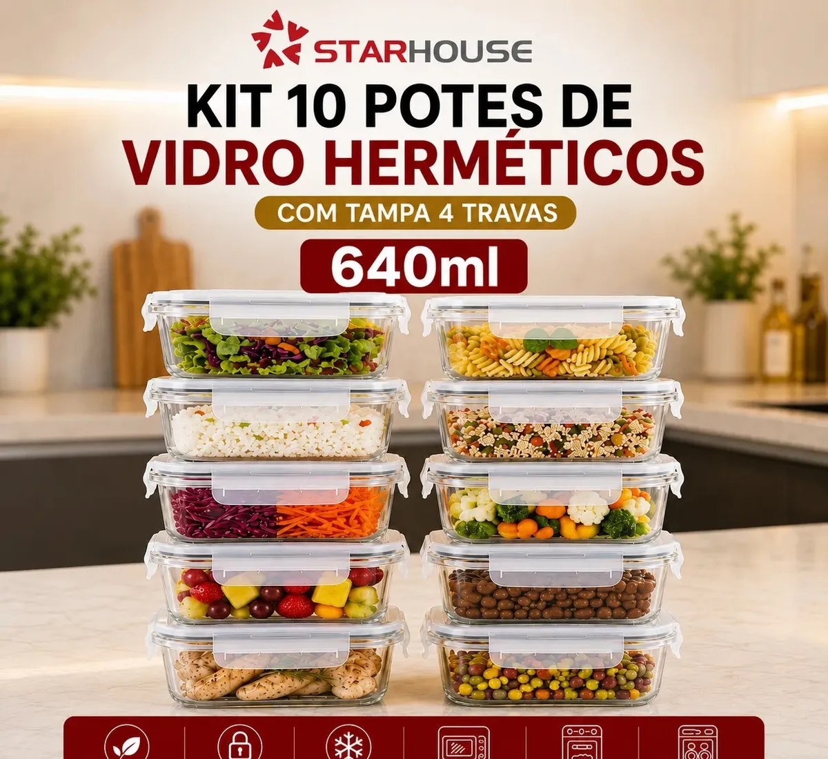 Kit 10 Potes Herméticos Vidro 640ml Starhouse Marmita