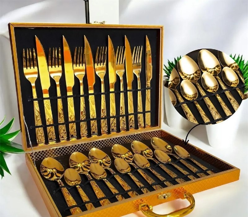 Eps-158 Kit Faqueiro Dourado Luxo Jogo Talheres Inox 24pçs  Maleta Sem Estampa