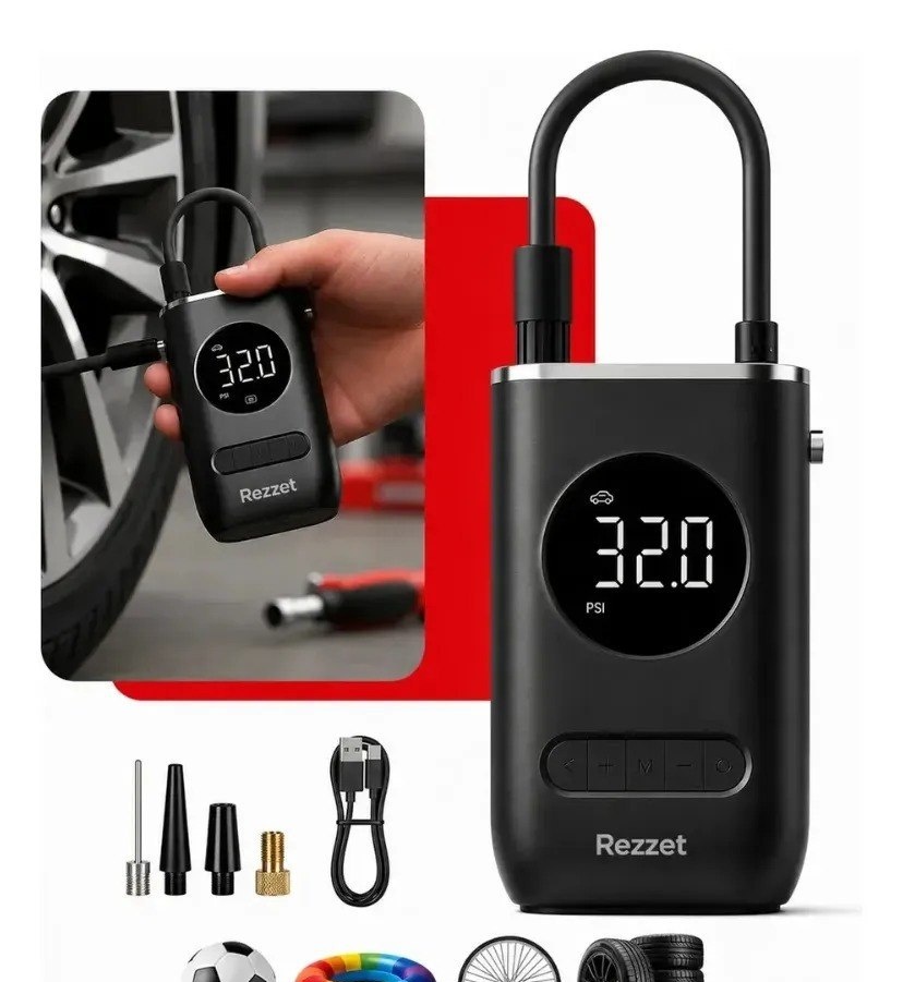 Mini Compressor Digital Rezzet Bomba de Encher Pneus Portátil para Carro, Bicicleta e Motocicletas Preto com Calibrador