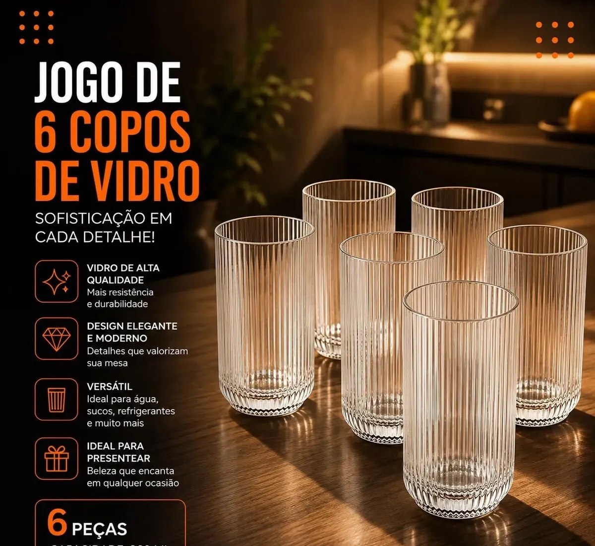 Jogo 6 Copos Vidro Canelado 423ml