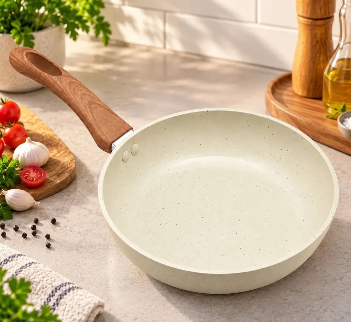 Frigideira Cerâmica Antiaderente Fogão Cooktop Indução Gás Bege 20cm