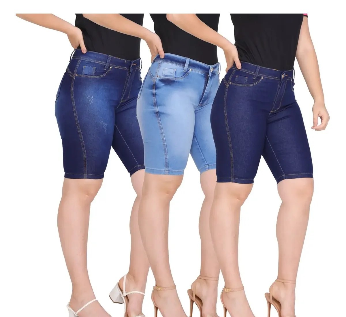 Kit 3 Bermudas Jeans Feminino Cintura Alta Lycra