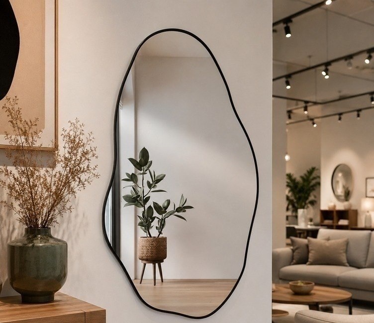 Espelho Orgânico Loja Sala 80x50 Grande Banheiro Elegante Moldura Preto
