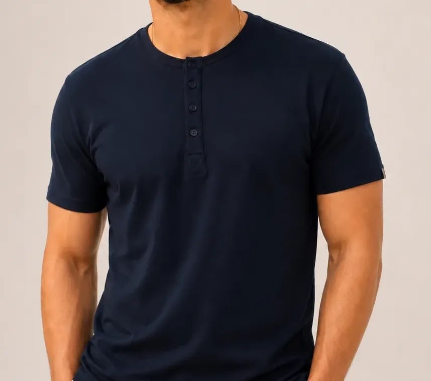 Camiseta Henley Masculina Slim Fit Algodão Manga Curta