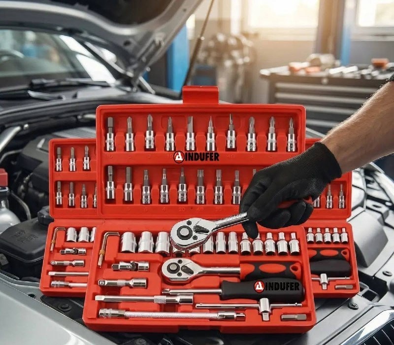 Kit Chave Catraca Soquete 46 Peças Indufer em Cromo Vanádio para Manutenção