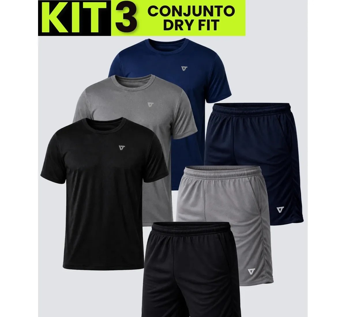 Kit com 3 Conjuntos Academia Masculino Dry Fit Shorts  Camisa