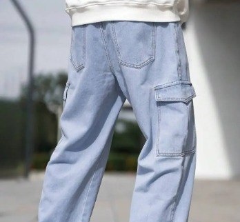 Calça Cargo Jeans Larga Bolsos Lateral Streetwear