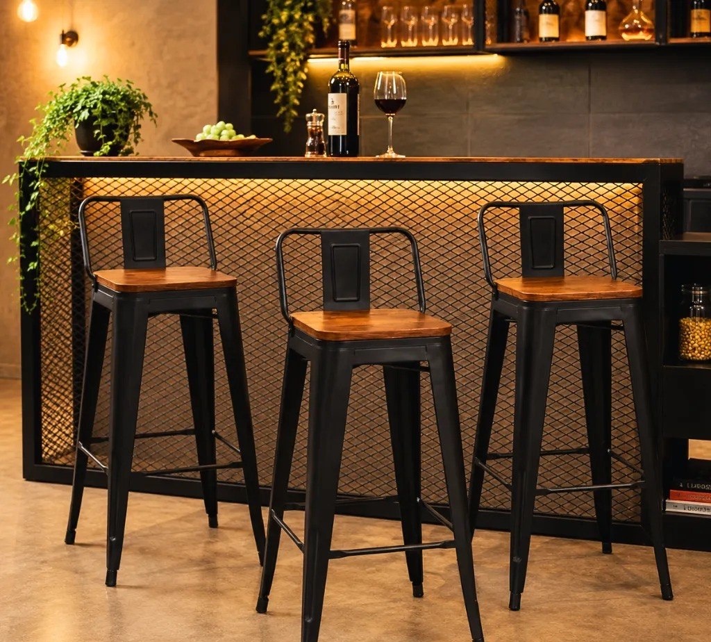 Kit 3 Banquetas Altas Tolix Com Assento Madeira Com Encosto