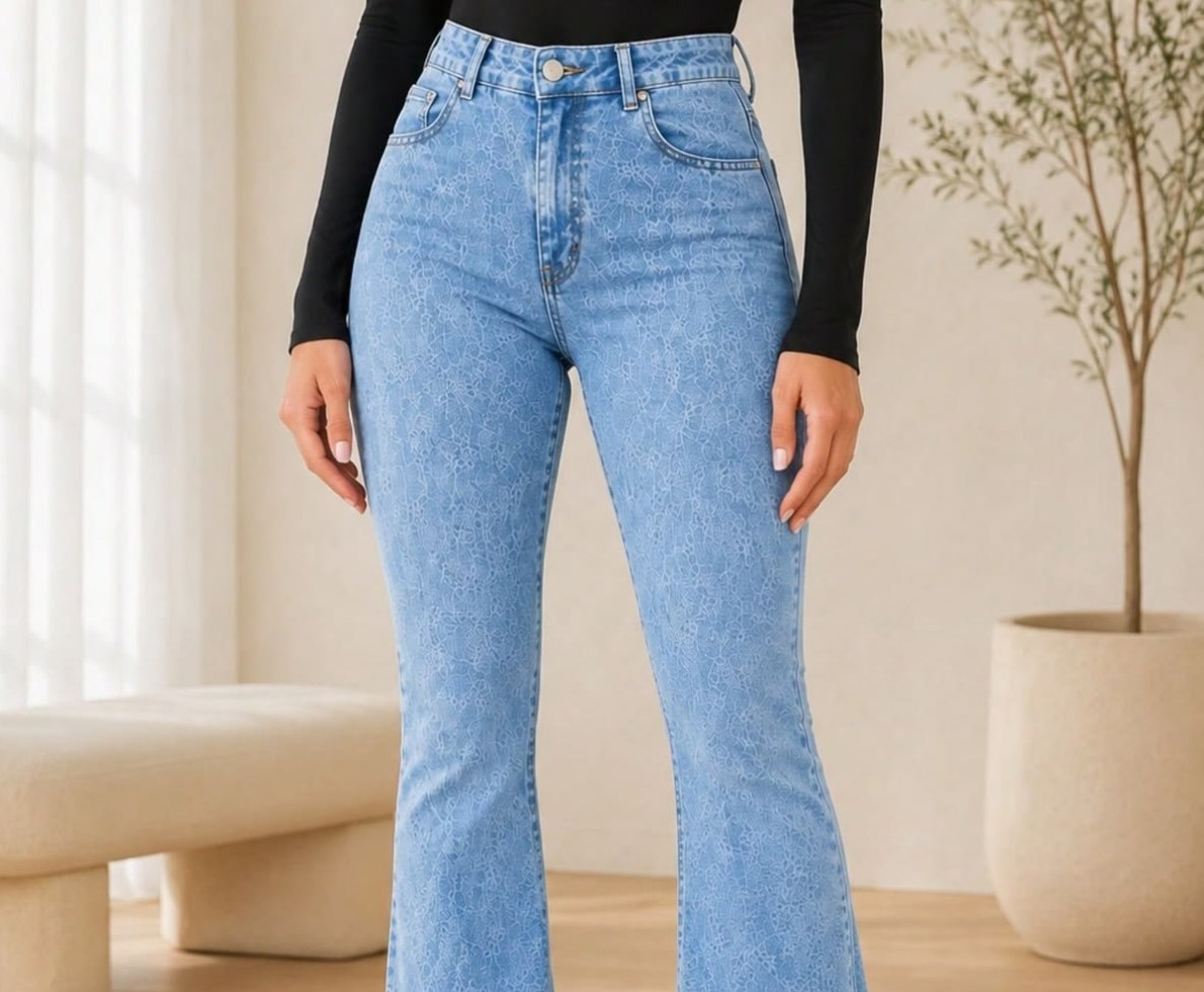 Calça Jeans Flare Marmorizada Cós Alto com Lycra