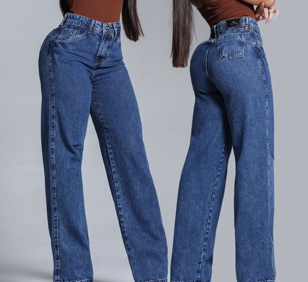 Calça Jeans Feminina Wide Leg Marmorizada 100 Algodão