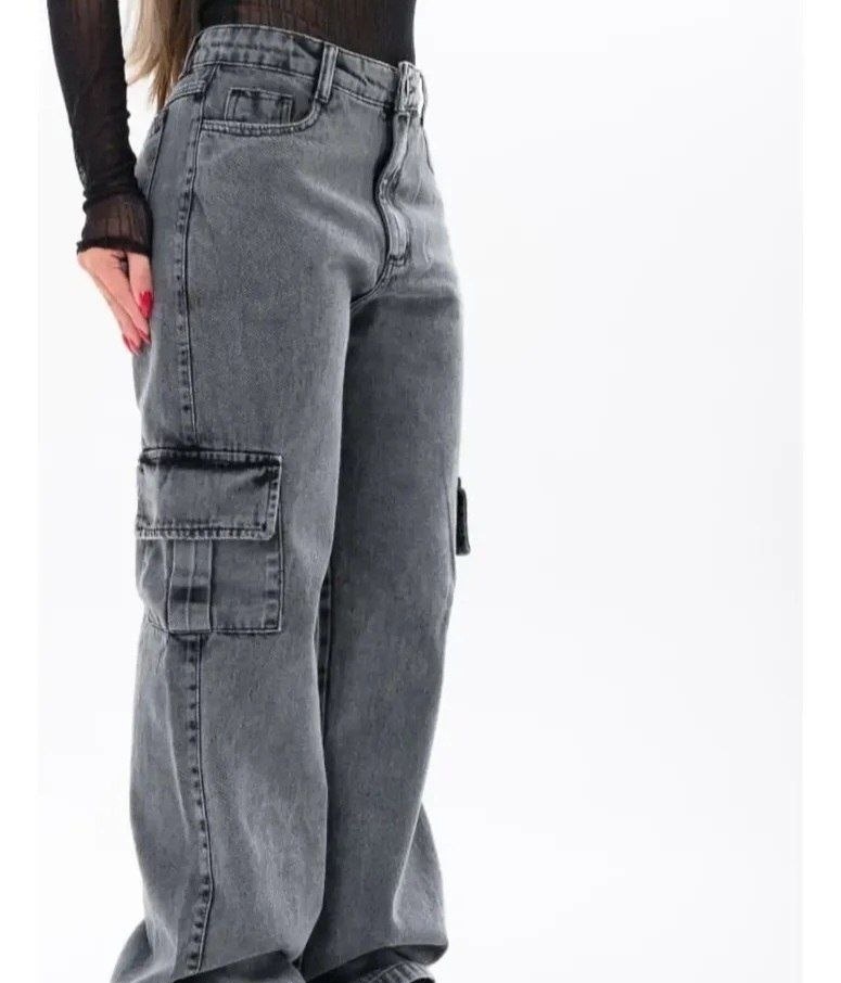 Calça Cargo Feminina Wide Leg Cintura Alta Jeans Stillger