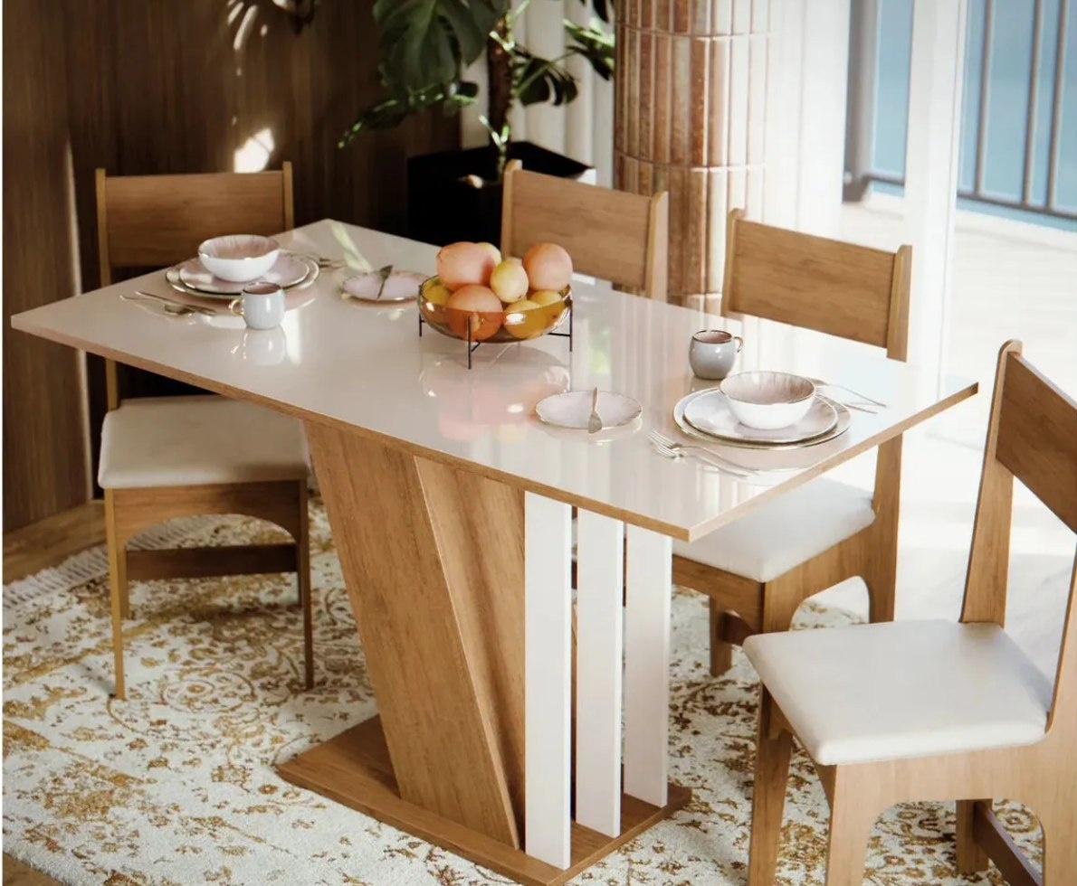 Mesa de Jantar com 4 Cadeiras Estofadas com Tampo em MDF