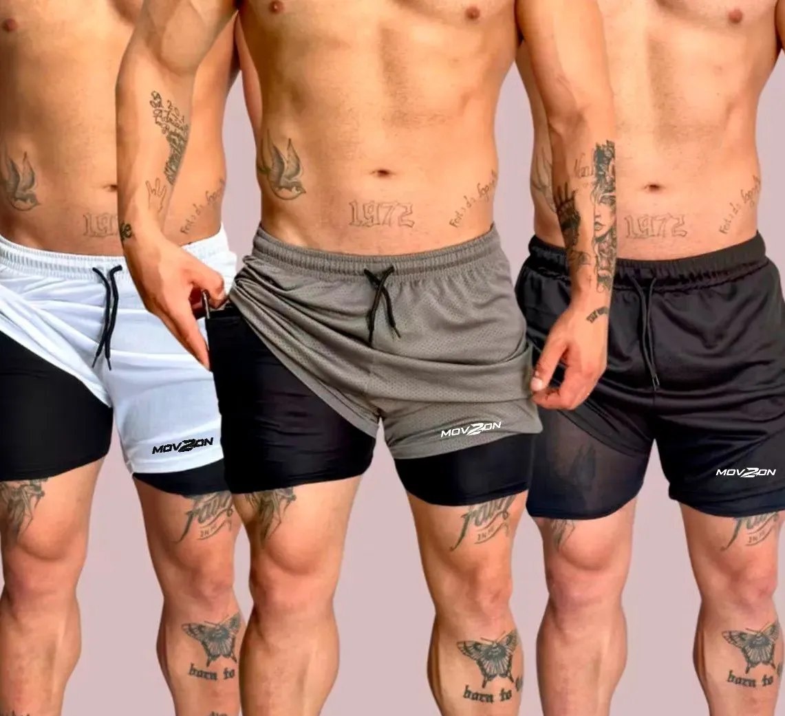 Kit 3 Shorts Masculino 2 em 1 Dry Fit Academia Anti-Odor