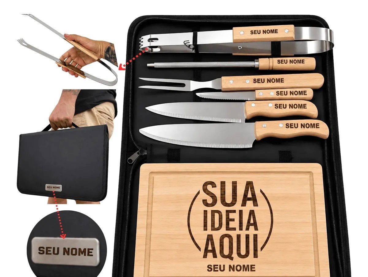 Kit Churrasco Personalizado Tábua Faca Garfo Nome Time Logo