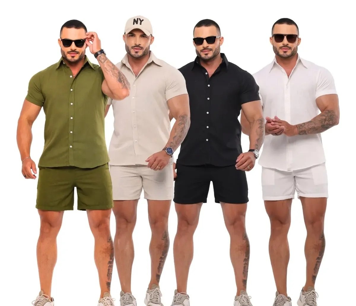 Conjunto Linho Camisa Shorts Mauricinho Com Bolso