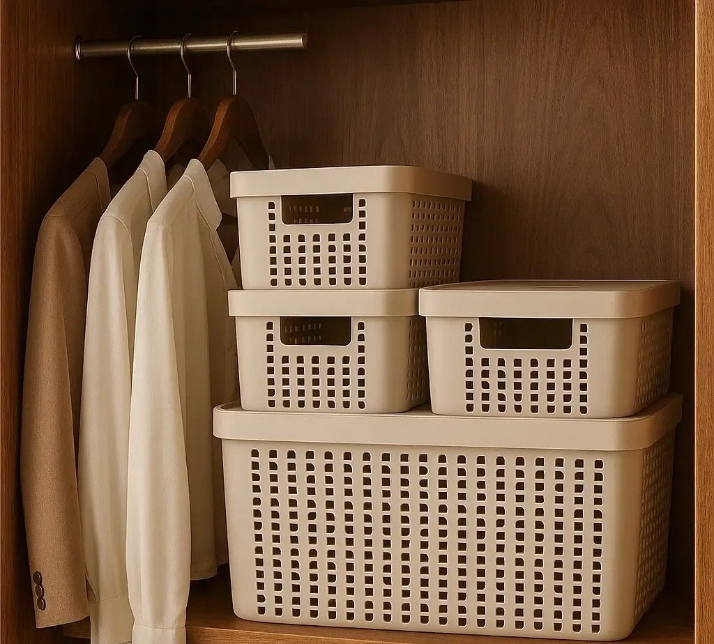 Kit 5 Caixas Organizadoras 2L, 4.5L, 17L com Tampa Multiuso Cor Bege