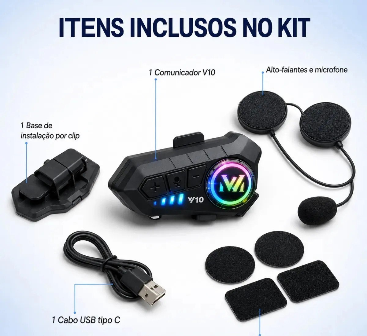 Fone de Ouvido para Capacete Intercomunicador Bluetooth Woosh RGB Sem Fio
