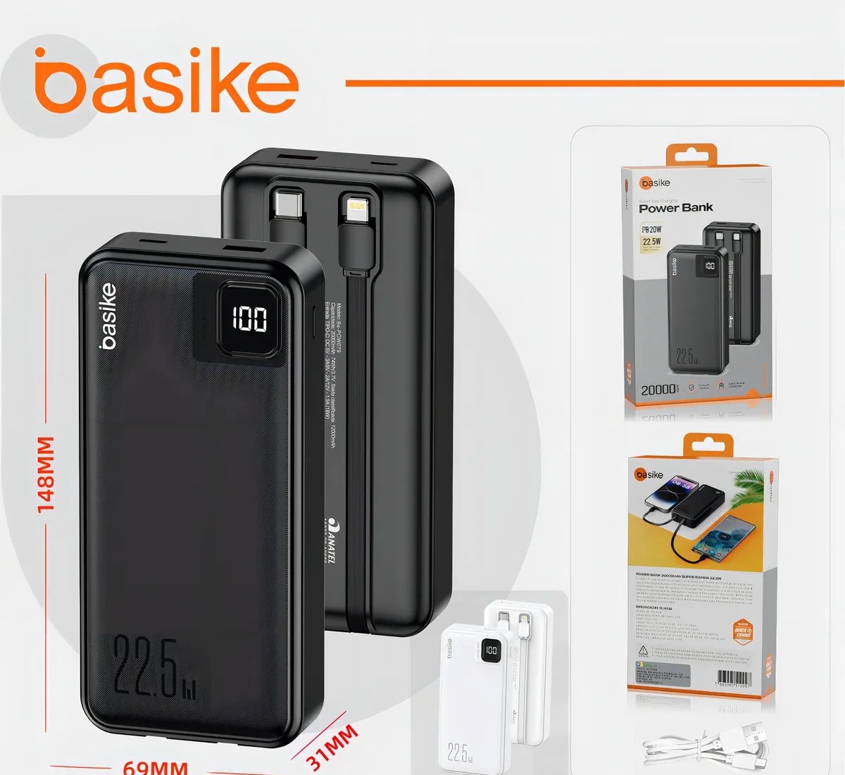 Power Bank Carregador Portatil 20000mah Display Universal, 22.5w Turbo Celular Carga Rápida