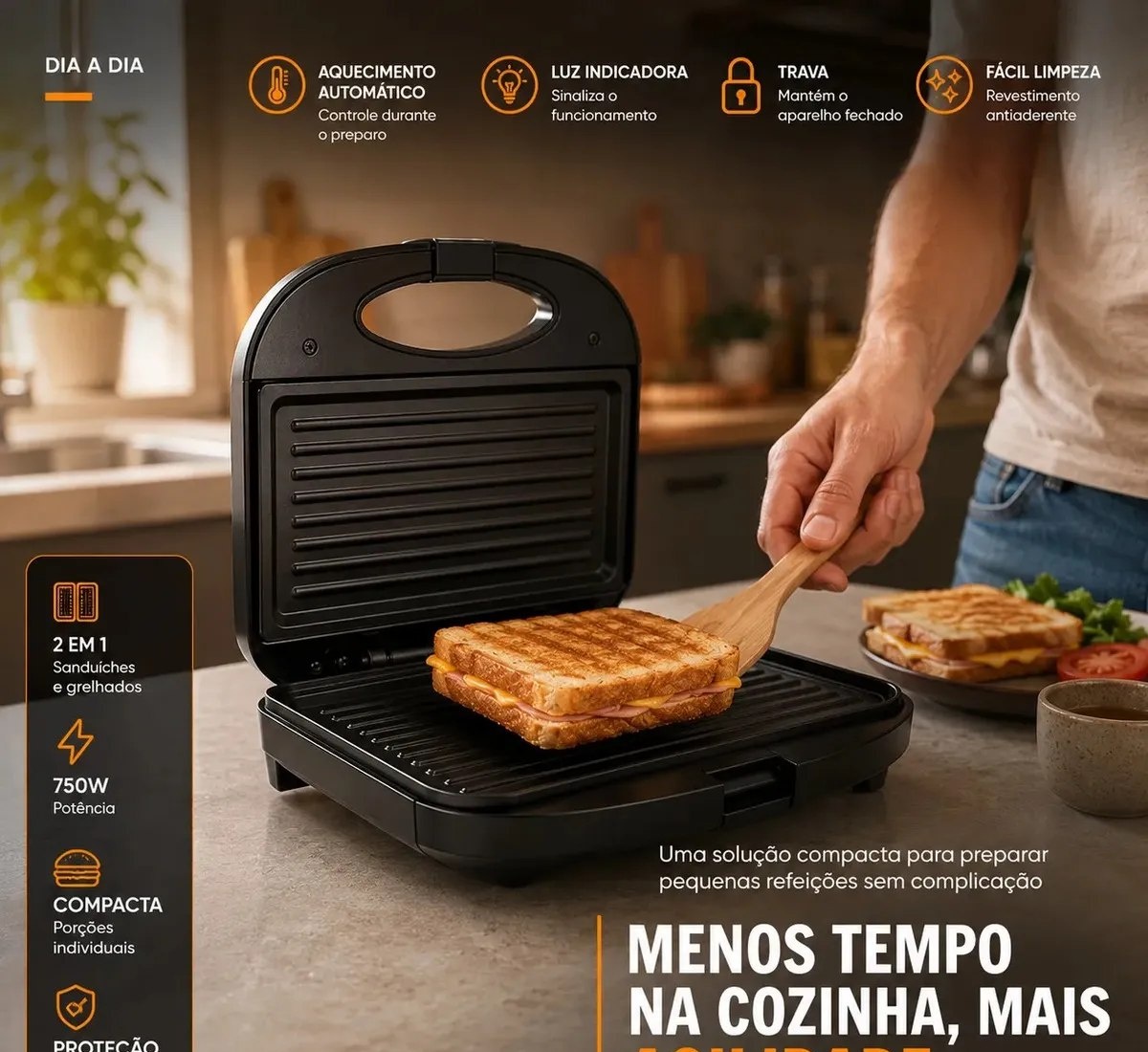Sanduicheira Elétrica Preta Luxe Grill 2 em 1