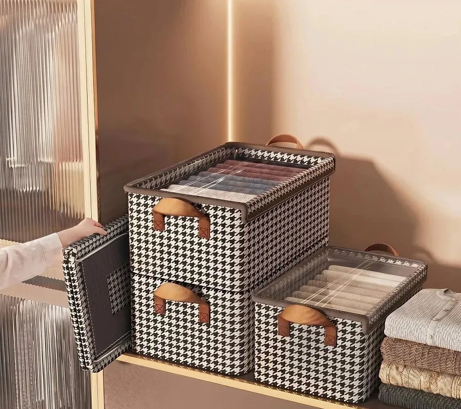 Kit 4 Caixas Organizadoras Dobráveis De Guarda Roupa Caixa Organizadora Padrão Xadrez Ideal para Roupas, Closet, Armário e Quarto