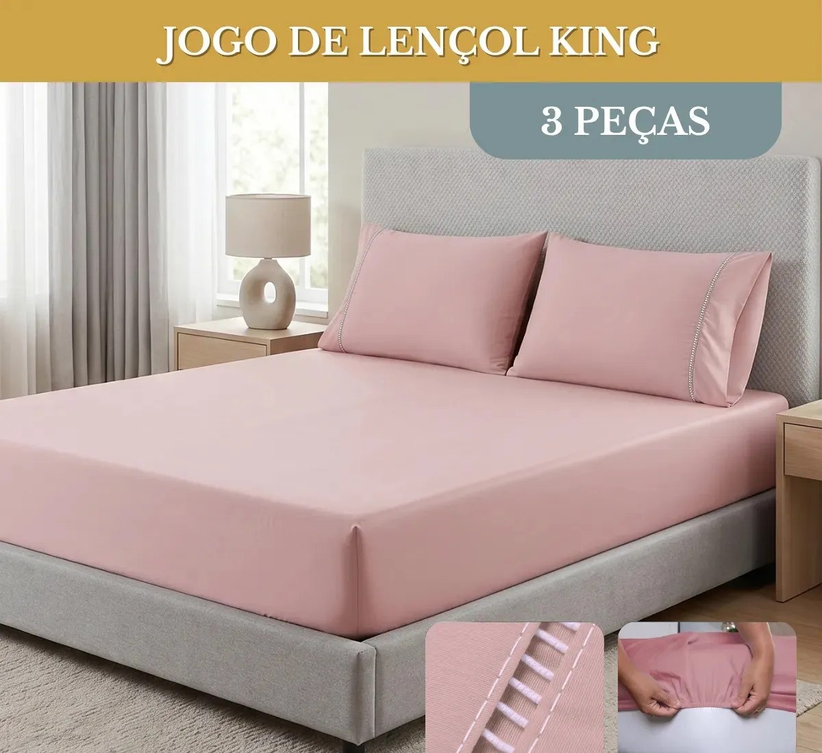 Jogo De Lençol Cama King Padrão 03 Peças 400 Fios C Elástico E Fronhas Ponto Palito Cor Rose