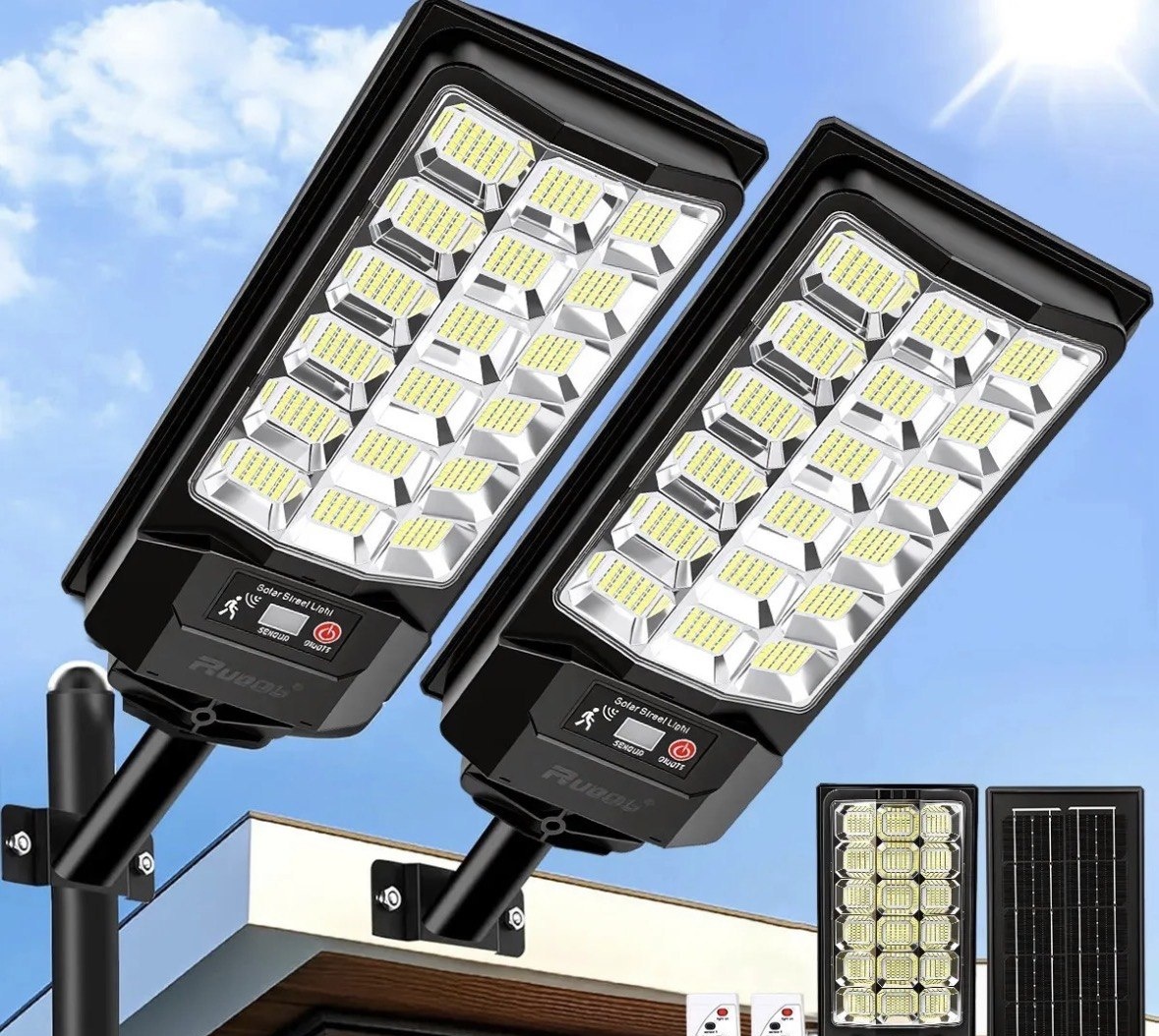 Kit 2 Refletor Solar Led Holofote 1100W Lampada Solar Ip67 Com Sensor Controle