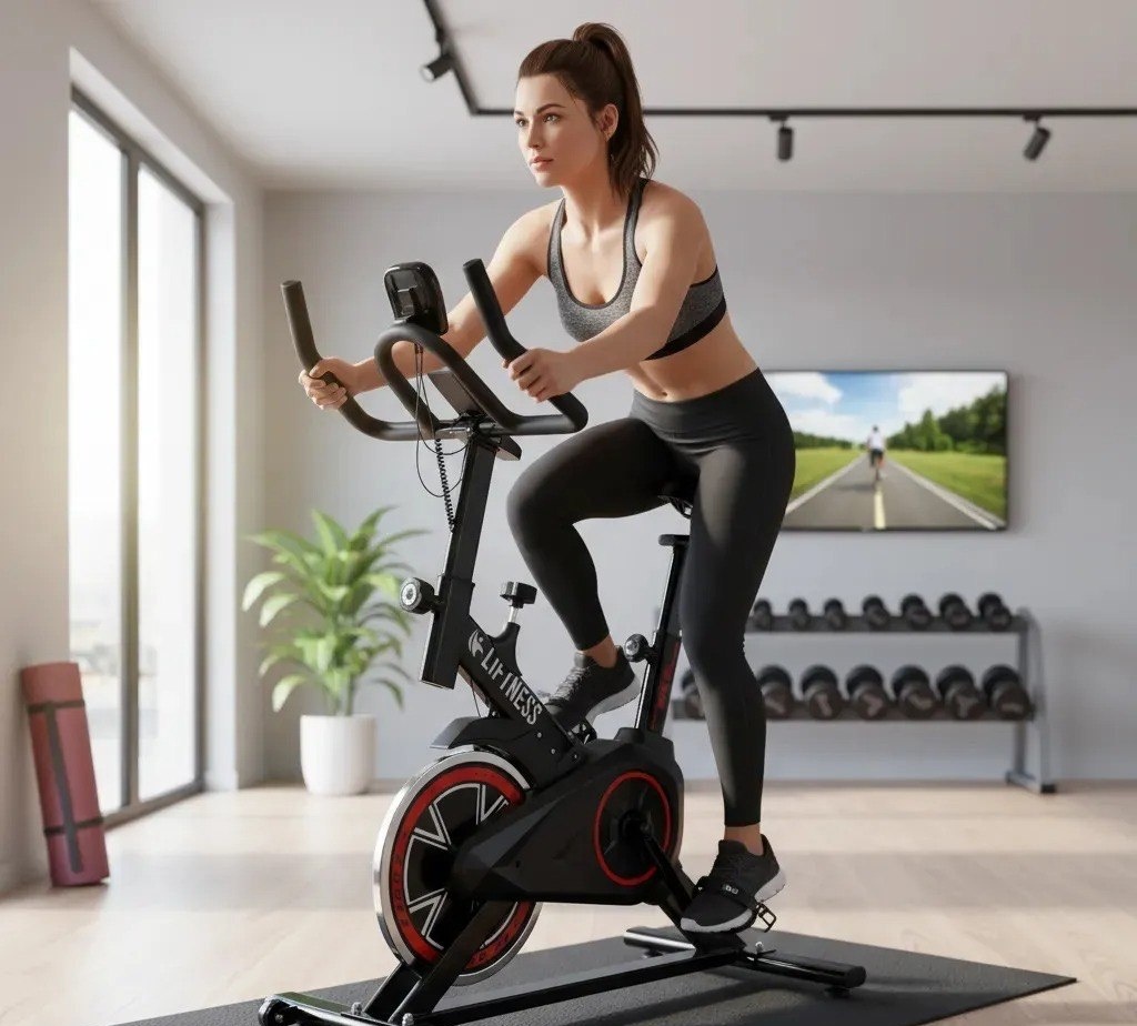 Liftness Bicicleta Ergométrica Fitness SP50PTVM Para Cardio E Musculação Academia Com Base Cor Preto E Vermelho